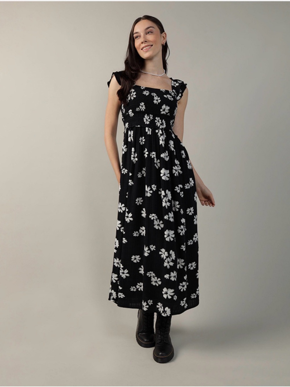 American Eagle Black Floral Flowy Smocked Midi Summer Dress XL